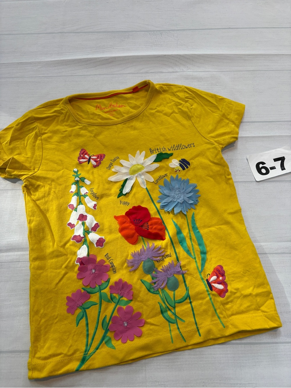 Mini Boden Yellow Short Sleeve Tee with Floral Appliqués